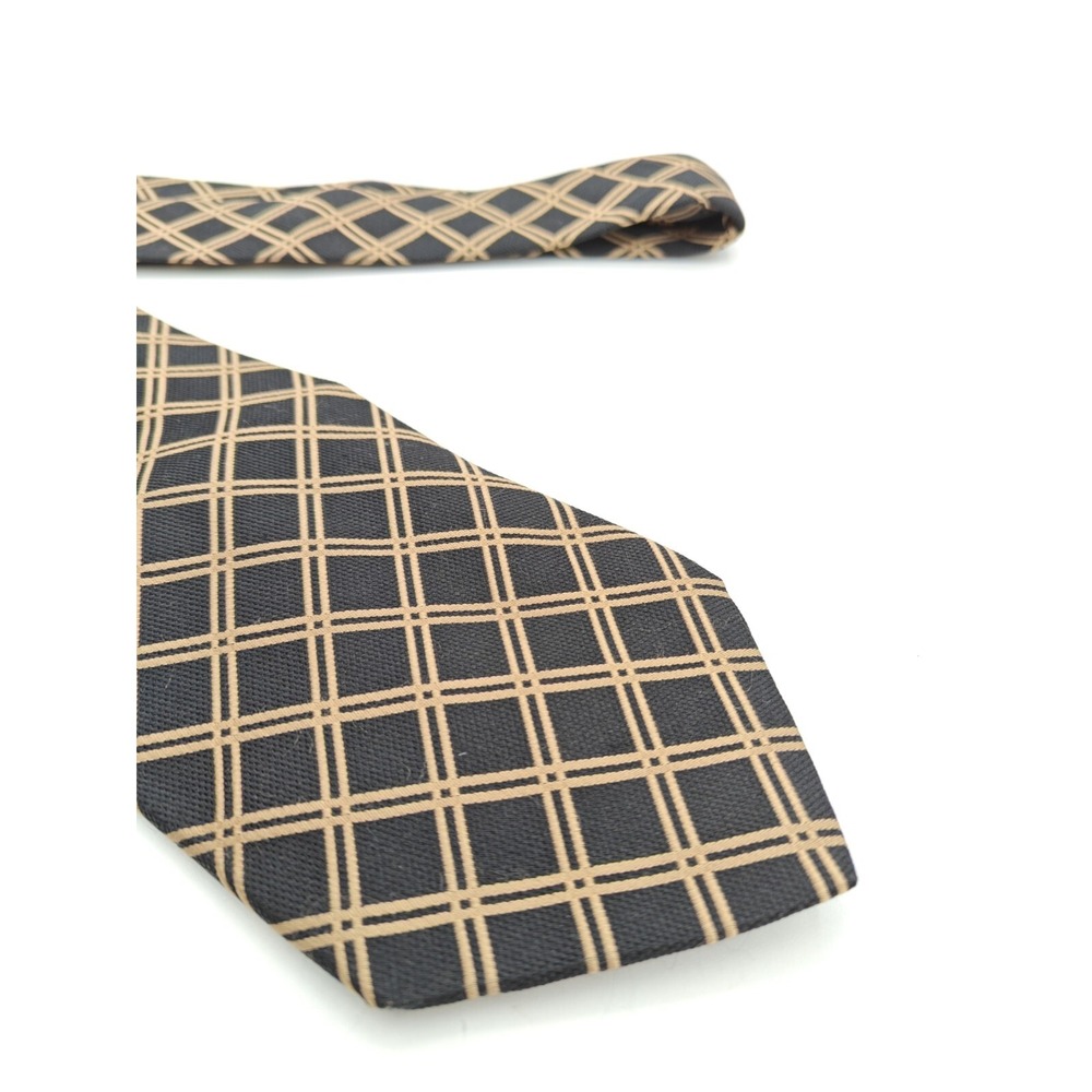 Hart Schaffner Marx Handmade Silk Tie Mens Black Gold Check USA 60x3.625